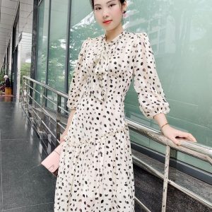 Polka dot women's dresses with bow ties V1643